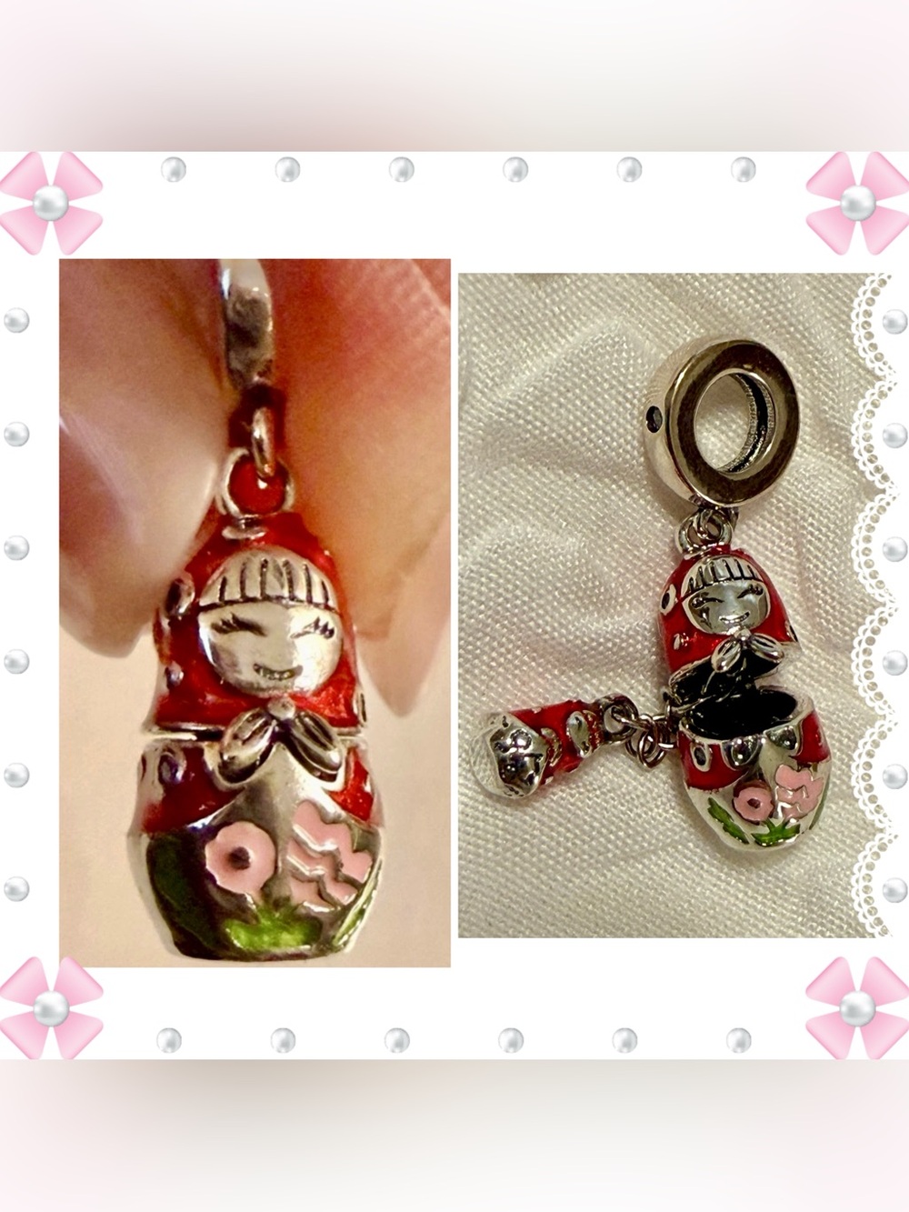 Charm / pendant - 1"h russian nesting doll charm - red & silver tone. New!